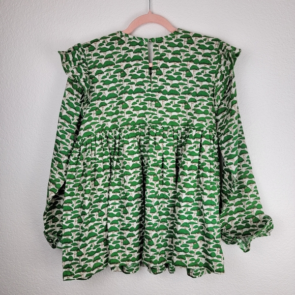 Muzungu Sisters Nora Ruffled Mushroom Print Linen Blouse Green Medium - Picture 7 of 12